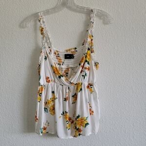 MINKPINK Tank Top Cropped Boho Floral Sleeveless Size Medium White & Yellow